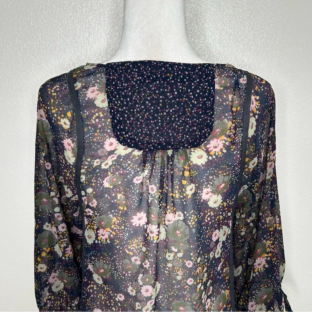 ZARA Womens Navy Blue Floral Chiffon Front Tie Top Balloon Sleeve Size XS/ S - Picture 8 of 10